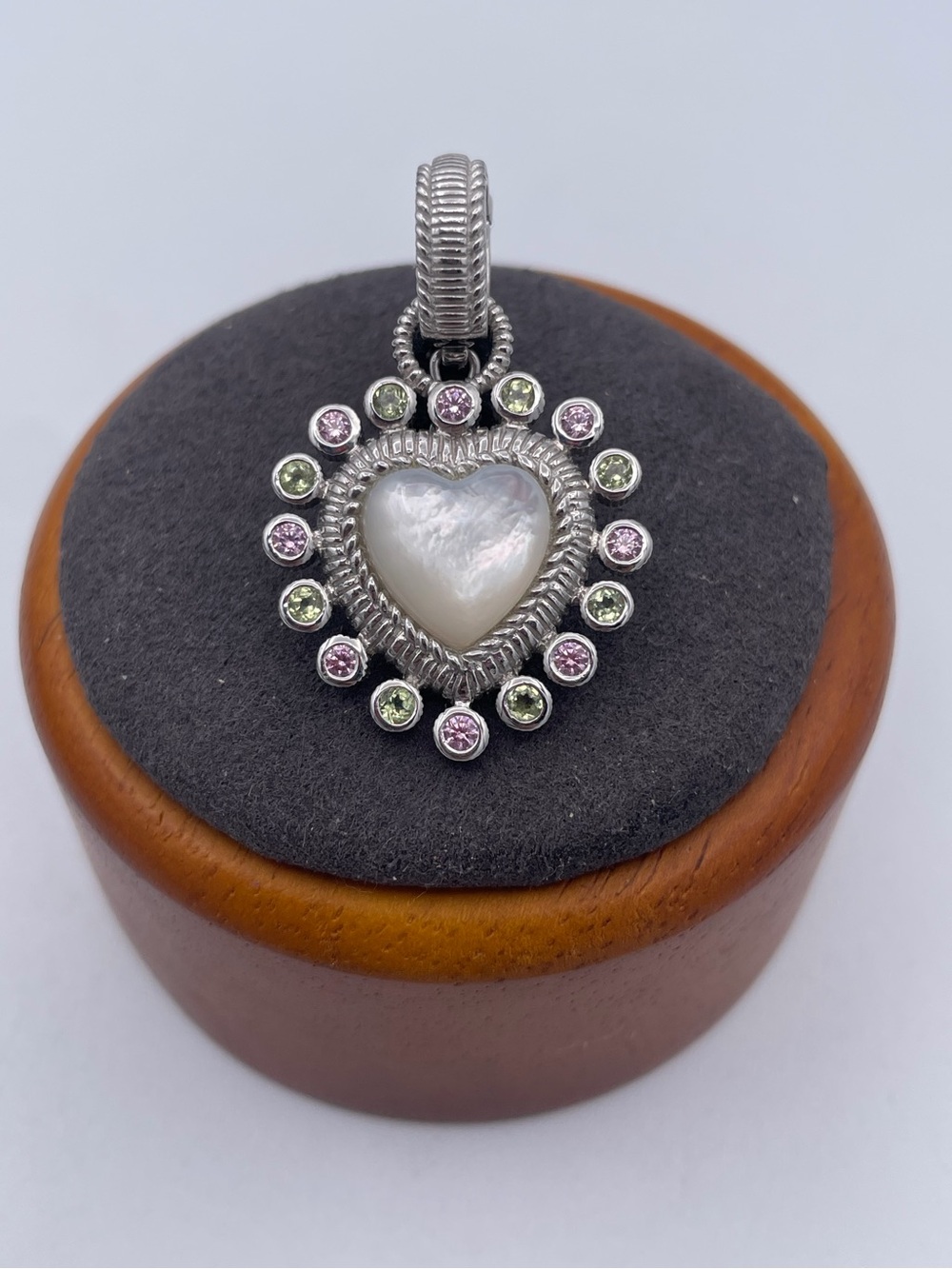 Judith Ripka Sterling Silver 925 MOP Heart Pink Green CZ Pendant Enhancer